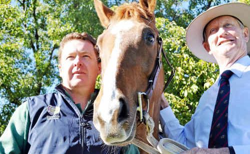 Warwick vet Chris Reardon and Maranoa member Bruce Scott with Cruise the horse at the Coalition’s Hendra virus protection plan launch, inspired in part by Dr Reardon’s wife Kelly. Warwick vet Chris Reardon and Maranoa member Bruce Scott with Cruise the horse at the Coalition’s Hendra virus protection plan launch, inspired in part by Dr Reardon’s wife Kelly.
